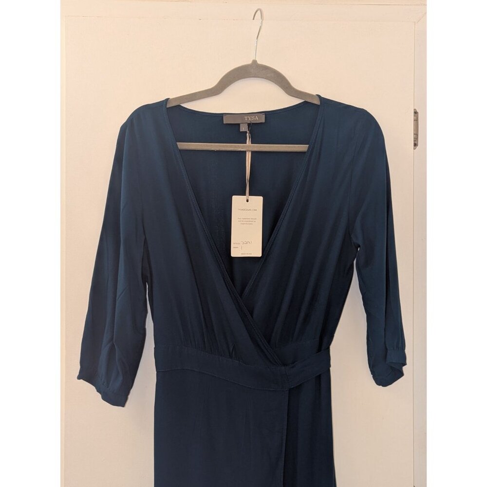 Navy Blue Wrap Maxi Dress with Ruffled Hem Elegant Long Sleeve Designer Gown - Picture 3 of 7